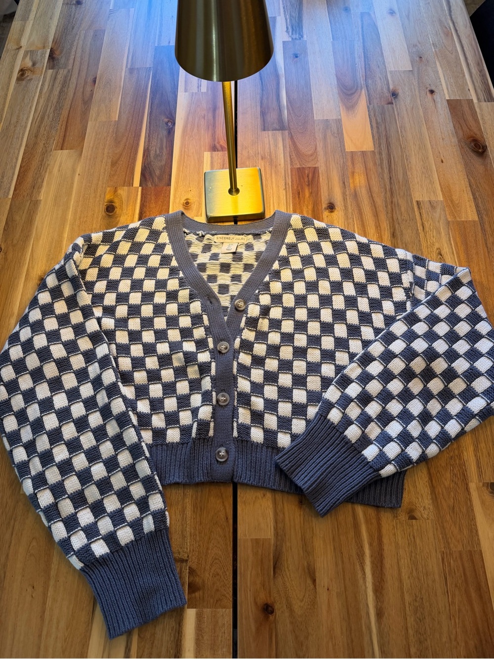 Sincerely Jules Checkerboard Knit Cardigan Blue Cream Size L Cropped